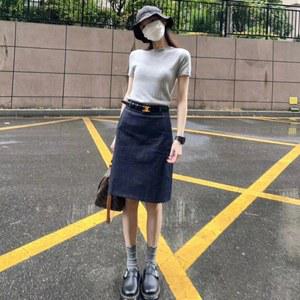 5부 데님 스커트 청치마 체크 미디움 와이드 의류 여름