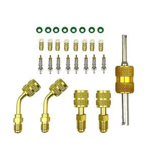 29Pcs R410a 어댑터 키트, 충전 진공 포트 어댑터, 5/16 여성 1/4 수컷 플레어, 밸브 코어 제거기, 에어 미니 스플릿 시스템 냉동 HVAC 서비스와 호환되는 R134A 호스 개스킷