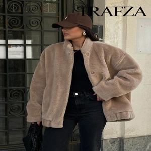 TRAFZA 여성용 벨벳 봄버 재킷 긴팔 루즈 우아한 여성 카디건 코트 가을 플러스 패션 신상
