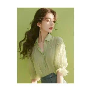 여성 필수템 쉬폰 블라우스 프렌치 톱 유니크하고 예쁜 민트 맘보풍 그린 반팔 여름옷 인기2