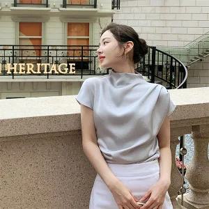 (프리미엄원단/구김X/고급미) 샤를린 하프넥 사이드 셔링 새틴 반팔 블라우스 여름 썸머 bs8127
