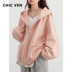 CHIC VEN 여성용 루즈 캐주얼 후드 긴팔 스웨터, 플러시 스웨터, 더블 지퍼 오버사이즈 코트, 용수철 가을, 2024