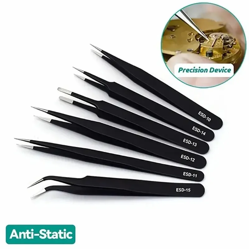 6Pcs 스테인레스 스틸 핀셋 수리 도구 산업용 정밀 구부러진 스트레이트 핀셋 수리 도구