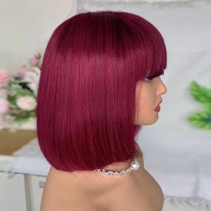 브라질 99J 레드 숏 밥 인모 가발, 프린지 포함, 여성용 스트레이트 레미 헤어 밥 가발, 앞머리 포함, 진저 오렌지 컬러