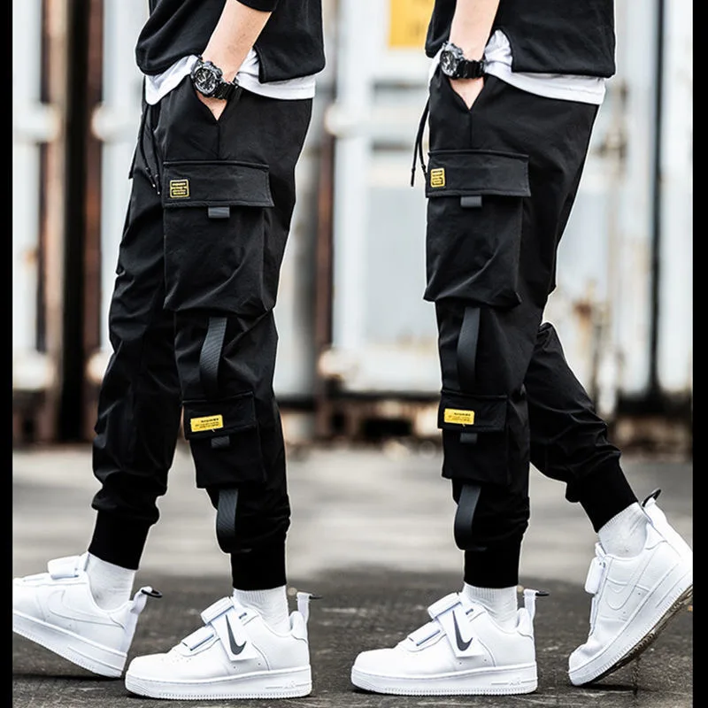 남성용 카고 바지 캐주얼 힙합 히트 컬러 다중 포켓 바지 streetwear 리본 techwear 스웨트 팬츠 소년