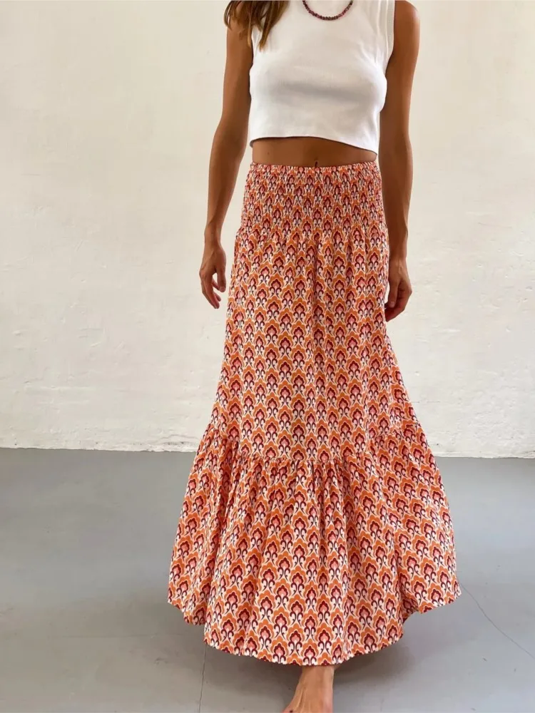 여성 캐주얼 Boho 스커트 새로운 봄 여름 패션 빈티지 느슨한 탄성 허리 꽃 프린트 Ethenic 스타일 비치 맥시 스커트