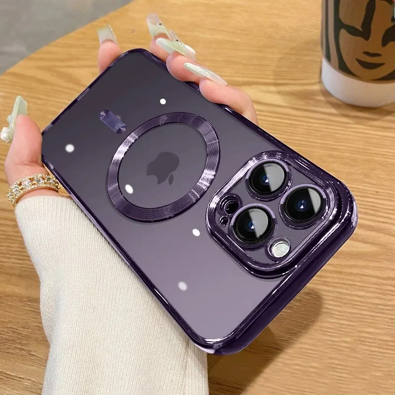 iPhone 15 14 Plus 13 12 11 Pro Max 무선 충전 케이스 (렌즈 보호 장치 포함) 용 Magsafe 용 패션 도금 마그네틱 소프트 케이스