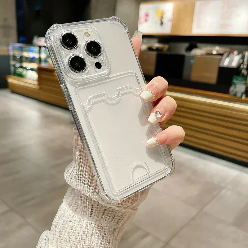 iPhone 16 15 14 Plus 13 12 11 Pro Max 슬롯 지갑 뒷면 커버 iPhone 16 충격 방지 케이스 용 투명 카드 홀더 가방 케이스