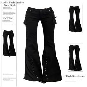 여성 다크 아카데미아 고블린 코어 롱 바지 Gyaru Goth 로우 라이즈 플레어 바지 Y2K streetwear 스트레치 일본 하라주쿠 그런지