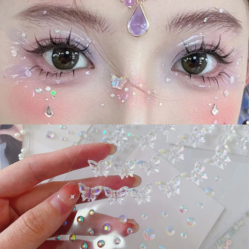 3D 아크릴 다이아몬드 스티커, 나비 크리스탈 패치 페이스 페이스트, 무대 메이크업 라인석 쥬얼리, 인어 진주 문신, 1-6 개
