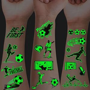 10 시트 축구 빛나는 문신 스티커 어둠 속에서 빛나는 가짜 문신 임시 문신 축구 파티 호의 어린이 남성