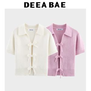 DEEABAE 여성 한국 캐주얼 스타일 달콤하고 순수한 욕망 활 장식 니트 반팔 옷깃 탑