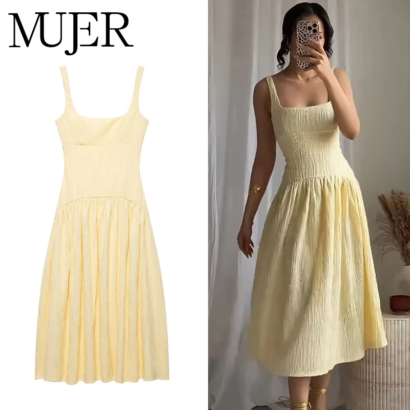 MUJER 플리츠 슬립 미디 드레스 여성 우아한 파티 롱 드레스 여성 캐주얼 여름 드레스 스트랩 비치 여성 드레스