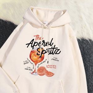 겨울 여성 까마귀 Aperol Spritz 레트로 칵테일 인쇄 운동복 느슨한 주머니 따뜻한 양털 풀오버 Kawaii Sportswear