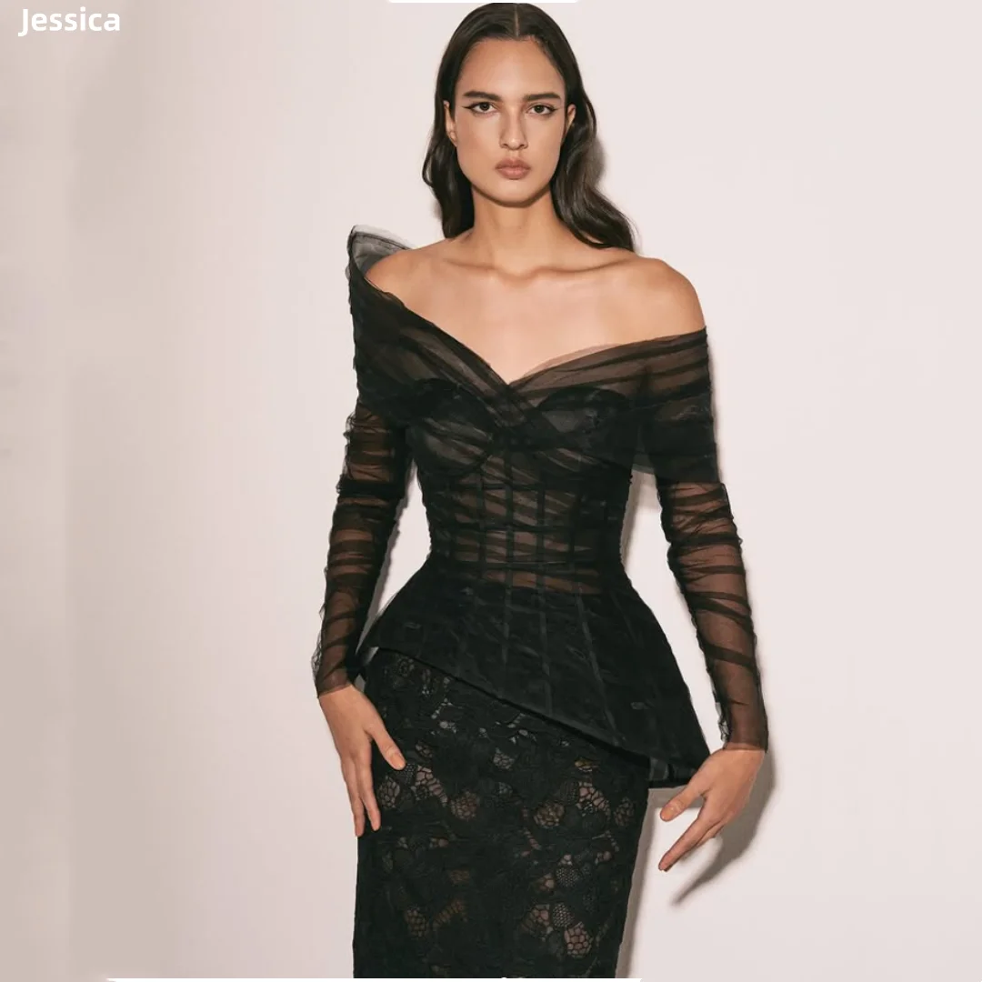 제시카 블랙 이브닝 드레스 tulle 레이스 긴 소매 댄스 파티 드레스 발목 길이 우아한 숙녀 vestidos de fiesta 맞춤형