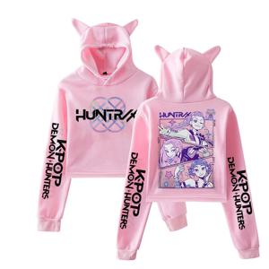 Anime KPop Demon Hunters 크롭 후드 여성 소녀 패션 streetwear 스웨터 긴 소매 고양이 귀 풀오버 짧은상의