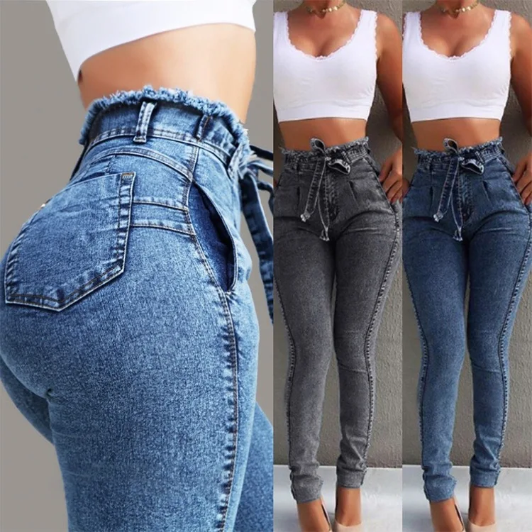 여성용 하이 웨스트 청바지 슬림 스트레치 데님 진 Bodycon 술 벨트 붕대 스키니 푸시 업 청바지 여성 의류 4XL 5XL