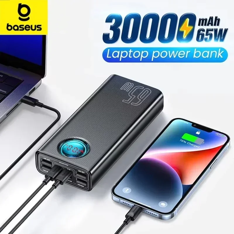 Baseus 스마트폰 노트북 아이폰 태블릿용 휴대용 외부 충전기, 65W 보조배터리, 30000mAh PD 급속 충전, FCP SCP 보조베터리