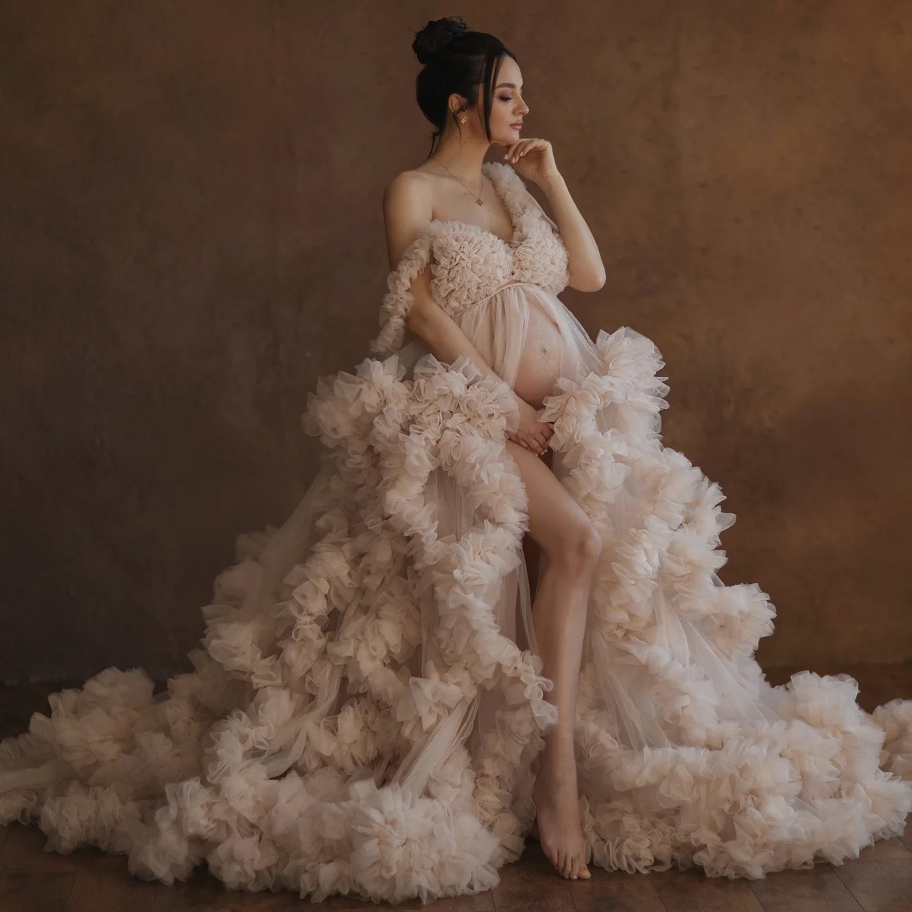 출산 드레스 Photoshoot 베이비 샤워를위한 럭셔리 프릴 가운 платье для беременных Tulle Wrap 푹신한 신부 란제리