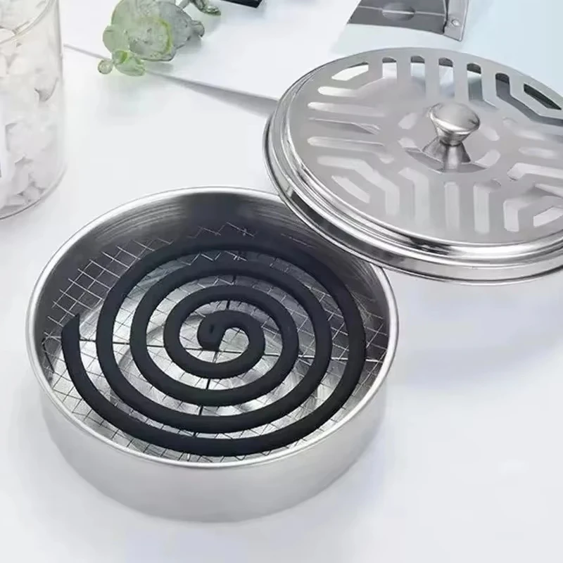모기 코일 홀더 커버가있는 스테인레스 스틸 모기 코일 상자 라운드 모기 코일 트레이 청소가 쉬운 모기 방지 용품