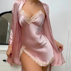 섹시한 여성의 새틴 실키 파자마 세트 가운 세트와 레이스 잠옷 캐미 미니 Nightdress 2 피스 양복 Chemise Sleepwear