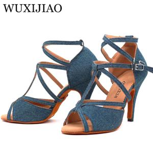 WUXIJIAO 데님 패브릭 여성 전문 라틴 댄스 신발 살사 볼룸 삼바 댄스 신발 숙녀 하이힐 소프트 힐 5-10cm