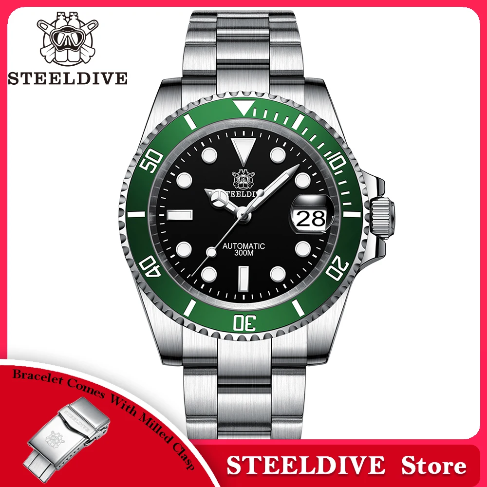 STEELDIVE SD1953 블랙 다이얼 그린 세라믹 베젤 NH35 자동 시계 300M 방수 사파이어 남성 다이브 시계