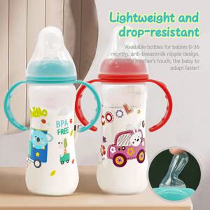 만화 손잡이와 모유 실리콘 젖꼭지가 있는 가볍고 낙하 방지 250ml 젖병, 0-36명의 아기를 위한 PP 젖병