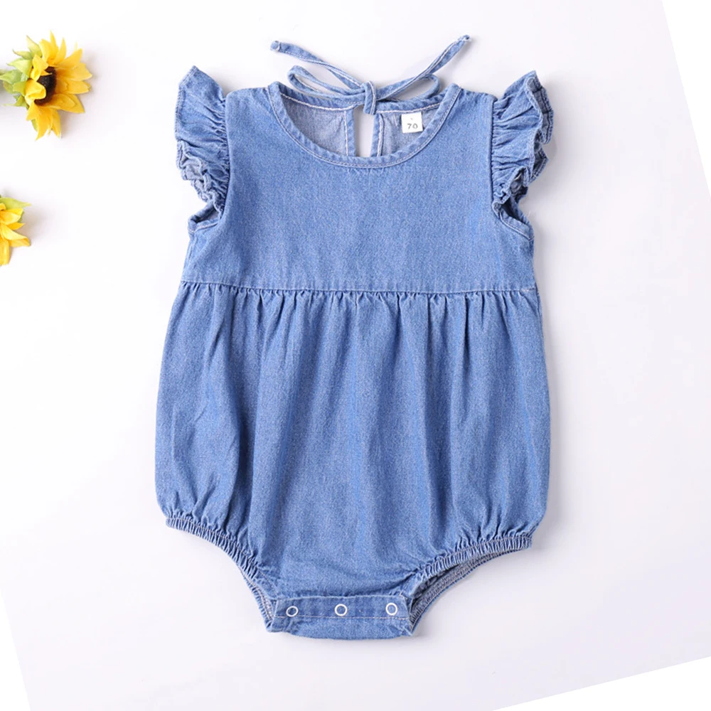 Baby Girls Rompers 유아용 Ruffles Romper 코튼 데님 플라이 민소매 여름 바디 슈트 Sunsuit 복장 신생아 유아 점프 슈트