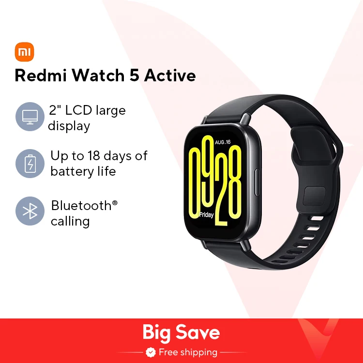 글로벌 버전 Xiaomi Redmi Watch 5 Active 2'' 디스플레이 최대 18일 배터리 수명 140개 이상의 운동 모드 Bluetooth 통화 5ATM