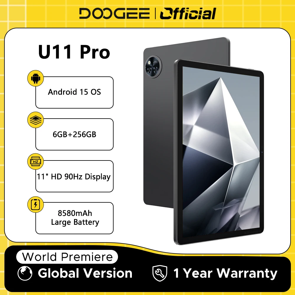 글로벌 버전 DOOGEE U11 Pro 안드로이드 15 태블릿 PC 11인치 울트라 클리어 90Hz 디스플레이 30GB(6 + 24) 256GB 8580mAh 배터리 태블릿