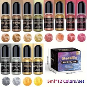 12메탈릭 컬러3D렌더링 세트(5ml*12색/세트), 알코올 잉크 메탈릭 그라데이션 세트, 에폭시 수지 및 수지에 적합3D렌더링