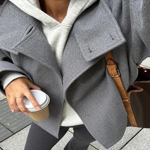 솔리드 더블 브레스티드 여성 울 코트, 라펠 긴팔 포켓 여성 짧은 블레이저 재킷, 시크한 가을 겨울 레이디 따뜻한 아우터