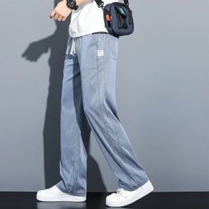 남성용 부드러운 리오셀 패브릭 청바지, 얇은 루즈 스트레이트 팬츠, 드로스트링 탄성 허리, 한국 캐주얼 바지, 플러스 사이즈, 여름
