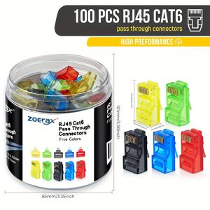 ZoeRax 100Pcs RJ45 Cat6 커넥터 통과, 다양한 색상(20개/색상), EZ-압착 모듈형 플러그 병입