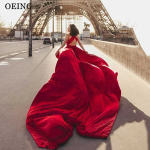 OEING 레드 a 라인 댄스 파티 드레스 우아한 V 넥 연예인 이브닝 드레스 웨딩 파티 가운 긴 기차 Vestidos De Fiesta Customized