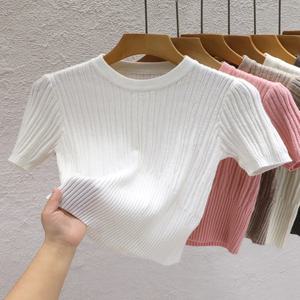 2025 여성용 여름 티셔츠 캐주얼 여성 한국어 니트 streetwear 티셔츠 기본 솔리드 영 쿨 탑