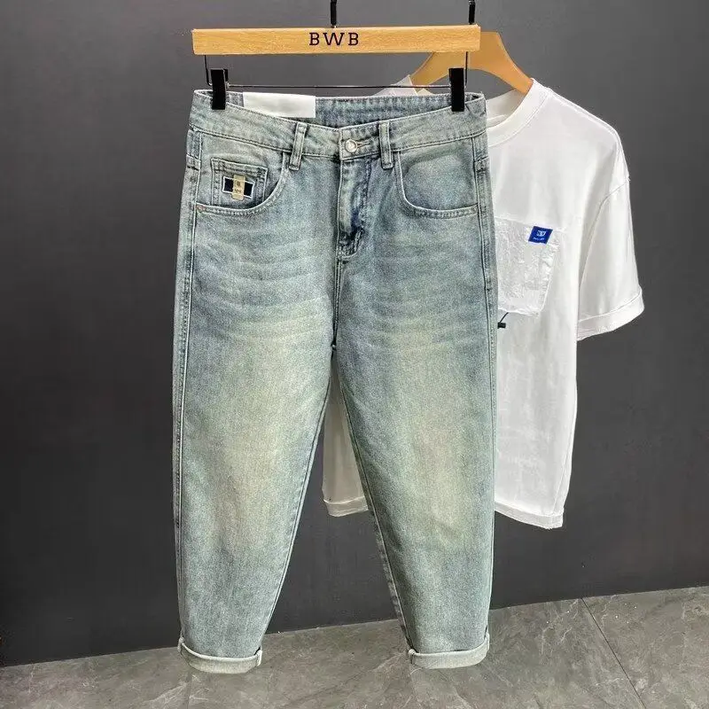 하이 스트리트 남성 Deisgner 청바지 새 봄 가을 라이트 블루 루즈 스트레이트 레그 캐주얼 데님 바지 슬림 피트 워시 바지