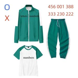 Calamari 게임 코스프레 의상 녹색 Tracksuit 복장 자켓 티셔츠 바지 001 456 230 청소년 운동복 성인 키즈 슈트