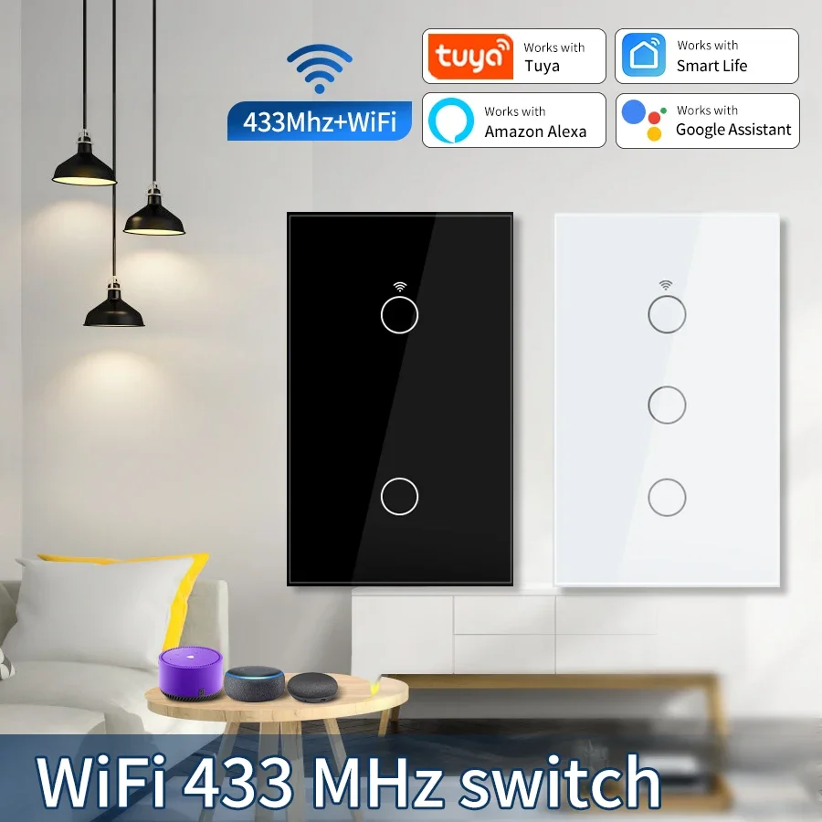 Tuya 스마트 스위치 미국 중립선/중립선 필요 없음 1/2/3/4 갱 WiFi 터치 라이트 스위치 Alexa Google 홈과 함께 작동