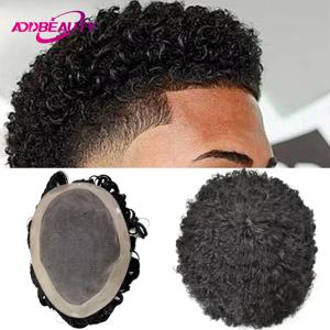 남자 Toupee 인간의 머리카락 좋은 모노 NPU 인도 인간의 머리 가발 남자 아프리카 인간의 머리카락 시스템 15mm 곱슬 머리 토퍼 자연 색상