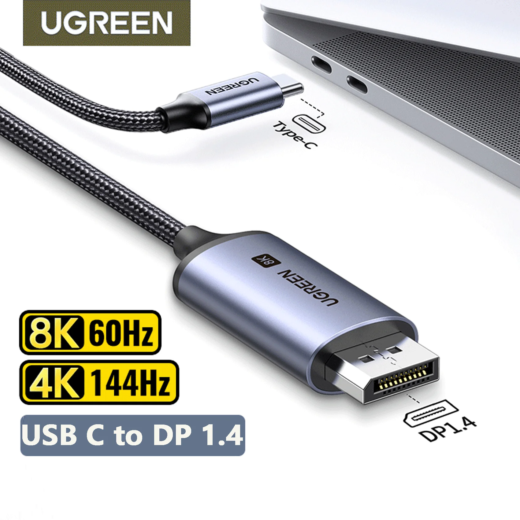 UGREEN USB C에서 8K 디스플레이 포트 1.4, 아이폰 15, 맥북 프로, 아이패드용, 썬더볼트 3/4 호환, USB C 타입에서 8K DP 케이블, 32.4Gbps