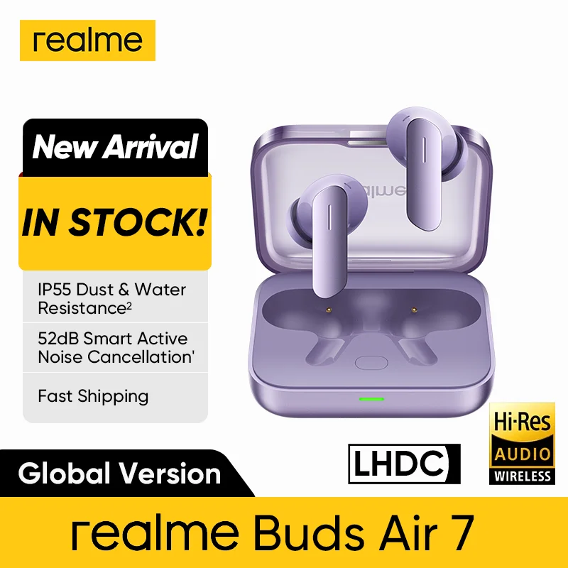 글로벌 버전 realme Buds Air 7 52dB 스마트 활성 소음 제거 12.4mm 딥 베이스 드라이버 BT5.4 360 °   공간 오디오 이어폰