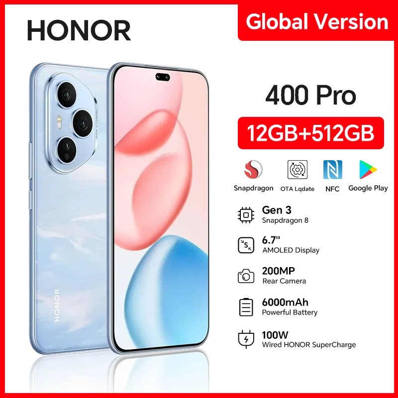 2025 새로운 HONOR 400 Pro 5G 글로벌 버전 스마트폰 200MP AI 메인 카메라 6.7인치 AMOLED 스크린 6000mAh 100W 유선 50W 무선