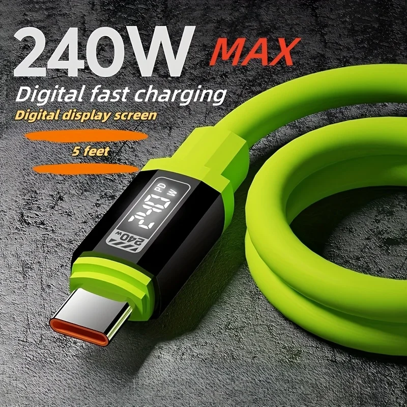 Huawei, Xiaomi, Samsung, OPPO, VIVO용 실시간 전원 디스플레이를 갖춘 240W 1.5m 고속 충전 USB Type-C - Type-C 케이블