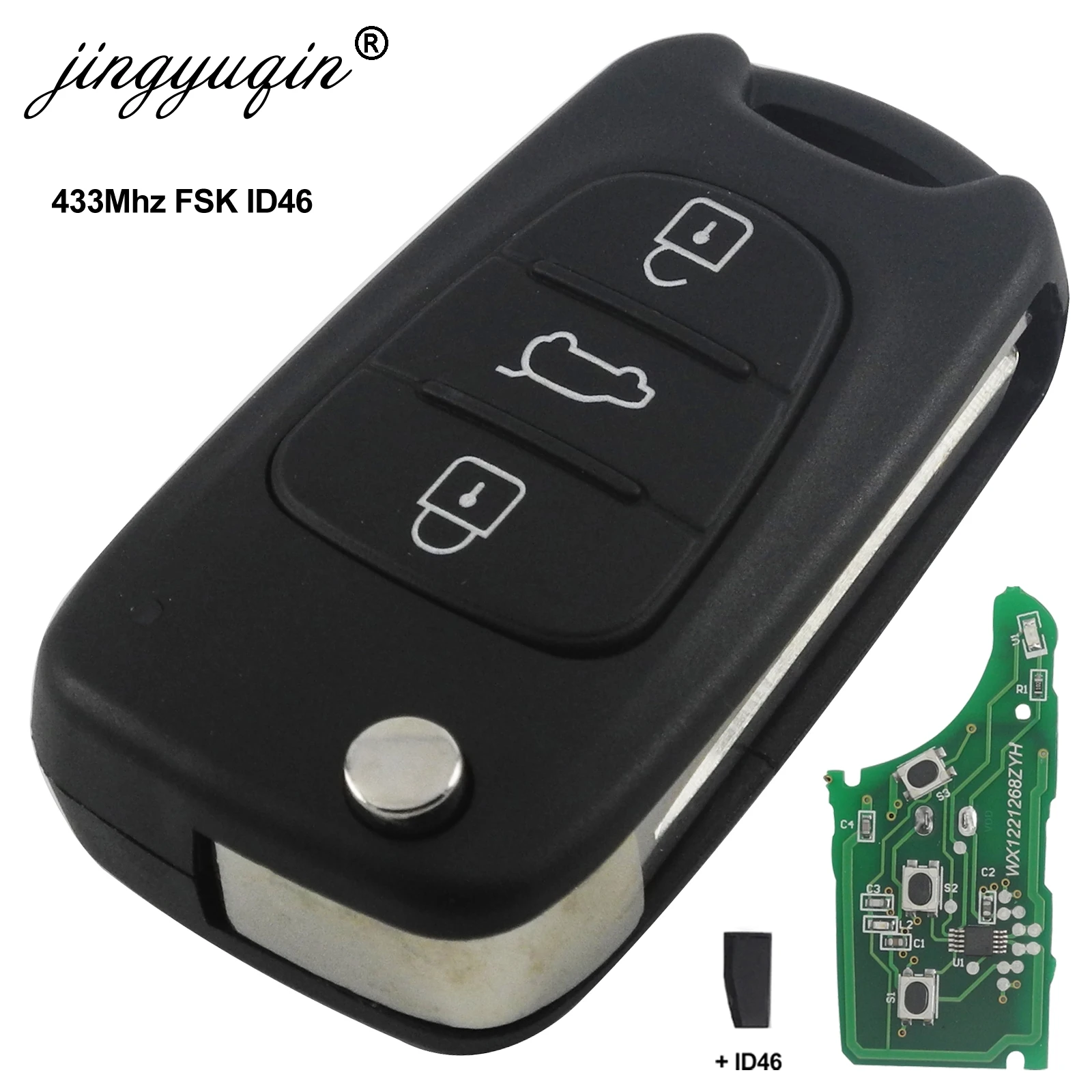 Jingyuqin 현대 i20 i30 ix35 avante 433 mhz id46 칩 3 버튼 플립 접이식 자동차 원격 키 fob