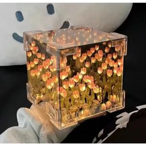 DIY 튤립 거울 큐브 램프 꽃 테이블 램프 수제 로맨틱 발렌타인 데이 램프 튤립 홈 장식 여자 친구를위한 선물