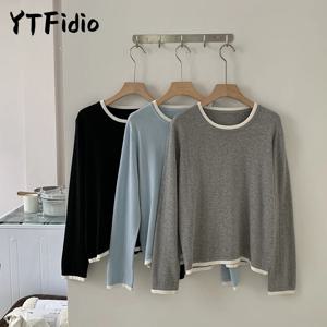 YTFidio 100% 코튼 여성 오 넥 컬러 블로킹 긴팔 셔츠 플러스 사이즈 재고 정리 세일 럭셔리 브랜드 고품질 244