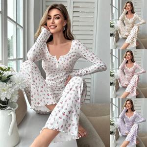 잠옷 여성 꽃 프린트 샐러드 트림 탑 긴 바지 러블리 Loungewear 풀 슬리브 Nightwear 봄 가을 잠옷 세트