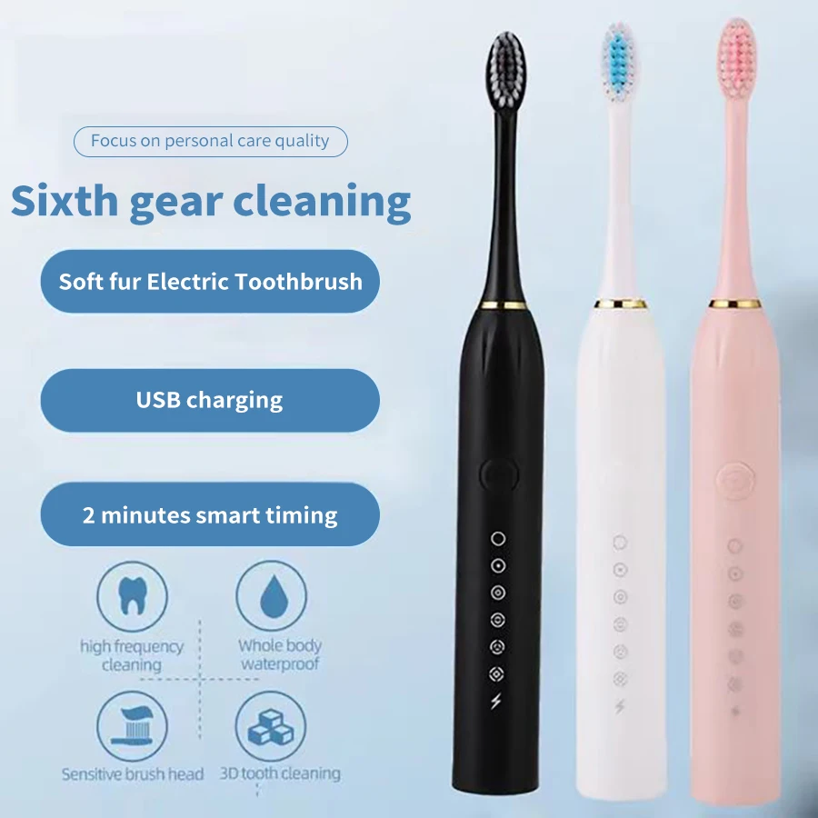전기 초음파 칫솔 6 속도 모드 홈 부드러운 머리 USB 충전 방수 성인 치아 클리너 자동 커플 세트